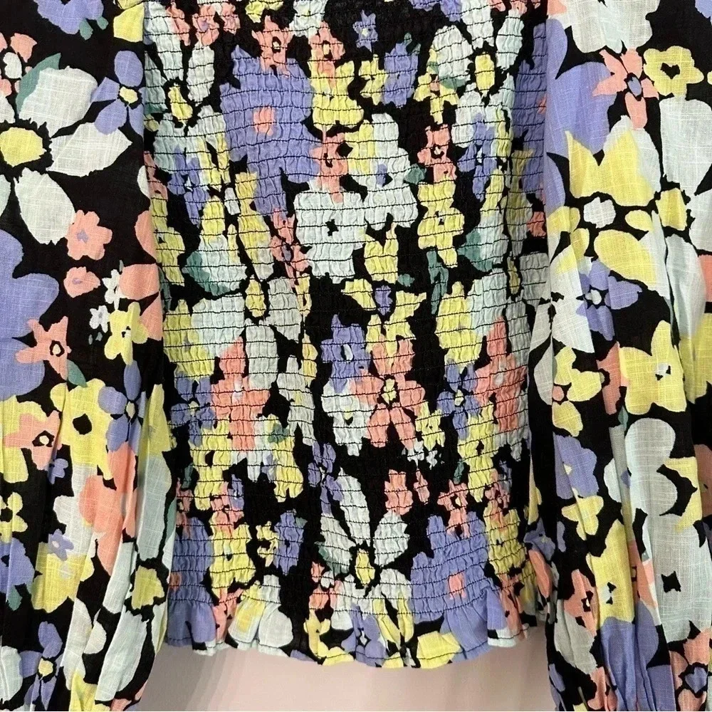 NWT Free People Ariana Floral Puff Sleeve Smocked Square Neck Blouse Sz XS